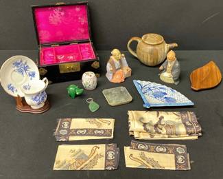 Lot Of Asian Collectibles Tea Pot, Ceramic Figures, Jade Tray, Jewelry Box And More