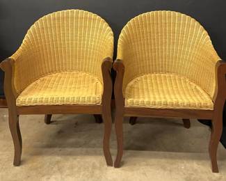 Pair Of Vintage Wicker Chairs With Wooden Frames