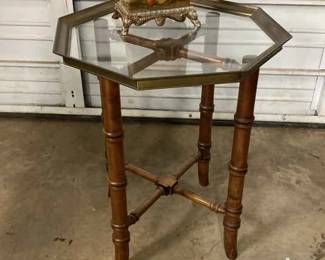 Octagonal Glass Top Wooden Table And Decorative Bird Clock With Silver Colored Accents