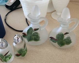 Vintage Hazel Atlas Gay Fad Hand Painted Frosted Glass Ivy Oil & Vinegar Cruets, Salt & Pepper Shakers