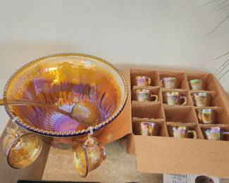 Carnival Glass Punchbowl & 12 Matching Cups