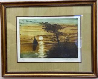 PETER DUNN, Vtg AP COLORED ETCHING SUNSET PRINT