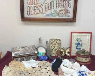 Vtg Crochet Dollies, Handkerchiefs, Treasures Bulova Tape Measure Clock