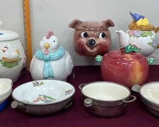 Vtg Cookie Jars Pitchers Ceramic Metal Food Warmer Dishes
