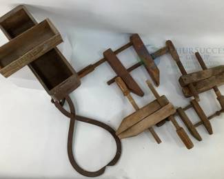 Vintage Kraft Cheese Box, Antique Wood Clamps, Metal Ice Tongs
