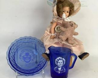 Shirley Temple Doll, Blue Depression Glassware