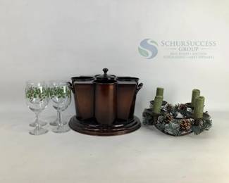 7-Piece Wine Glass Set with Holly Design, Candle Holder, Utensil Holder
