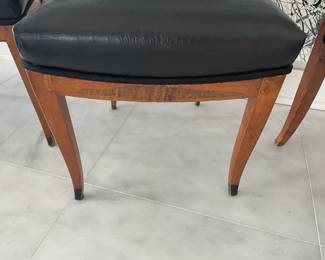 $600 set of 4 Neoclasical-style side/dining chairs, leather seat. Floor to top back 34”, floor to seat 18”, width 17”