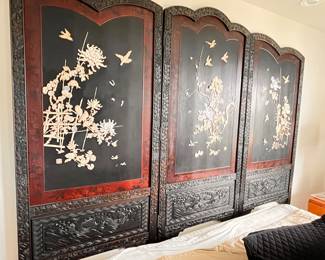 $1,200. Dimensions posted on the 16th, but approximately 58” tall. Three panel Shibayama Japanese screen with red-lacquered insets and carved panels with bone and mother of pearl applied decoration.