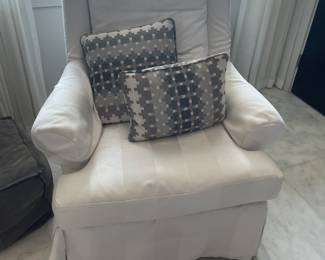 $250 EACH. TWO (2) Hickory Chair club chairs with slip cover - red plaid underneath 40.5” floor to top of back, 36” wide and 27” deep (seat)