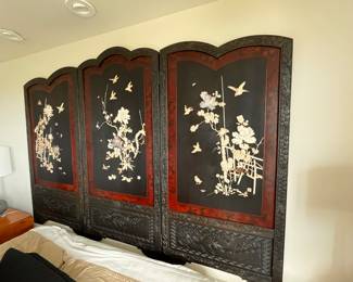 $1,200. Dimensions posted on the 16th, but approximately 58” tall. Three panel Shibayama Japanese screen with red-lacquered insets and carved panels with bone and mother of pearl applied decoration.