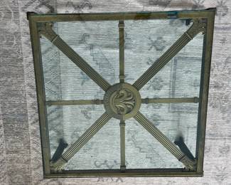 $400. Bronze/metal square coffee table, 1” glass top. 30”x30”