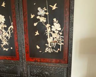 $1,200. Dimensions posted on the 16th, but approximately 58” tall. Three panel Shibayama Japanese screen with red-lacquered insets and carved panels with bone and mother of pearl applied decoration.