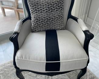 $300 EACH. TWO (2) painted French arm chairs, freshly upholstered, immaculate condition 36” floor to top of back, 20” floor to seat, 27” wide and 21” deep