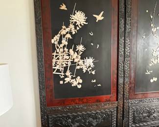 $1,200. Dimensions posted on the 16th, but approximately 58” tall. Three panel Shibayama Japanese screen with red-lacquered insets and carved panels with bone and mother of pearl applied decoration.