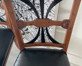 $600 set of 4 Neoclasical-style side/dining chairs, leather seat. Floor to top back 34”, floor to seat 18”, width 17”