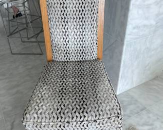 $400 EACH PAIR OF high back armless upholstered side chairs 44” floor to top of back, 19” floor to seat, 24” deep