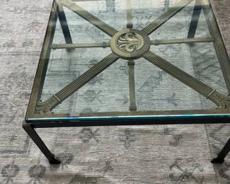 $400. Bronze/metal square coffee table, 1” glass top. 30”x30”