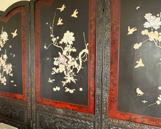 $1,200. Dimensions posted on the 16th, but approximately 58” tall. Three panel Shibayama Japanese screen with red-lacquered insets and carved panels with bone and mother of pearl applied decoration.