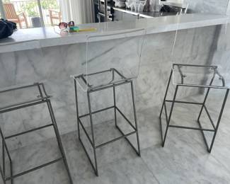 $350.. EACH. THREE (3) acrylic and wrought iron BAR height chairs, no scratches. 30” floor to seat, 46” floor to top of back, seat width 17-18”