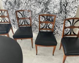 $600 set of 4 Neoclasical-style side/dining chairs, leather seat. Floor to top back 34”, floor to seat 18”, width 17”