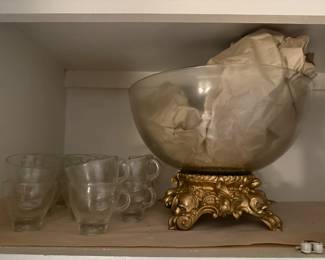 Glass punch bowl with glasses and stand