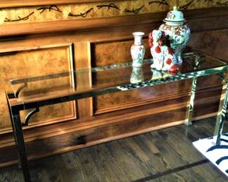 Mastercraft Greek Key Glass Top Brass Console/Sofa Table