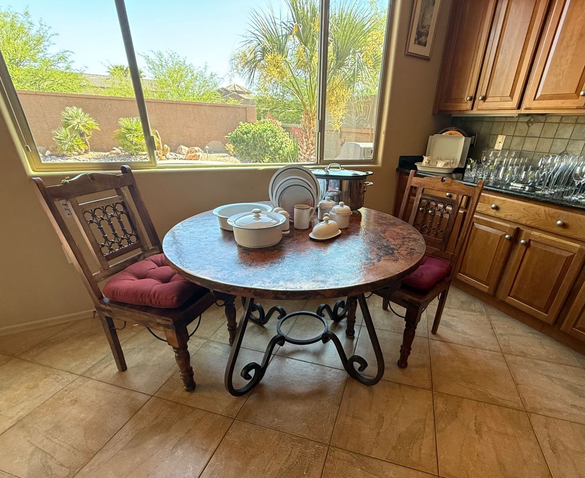 46” Hammered copper table with 2 mesquite chairs