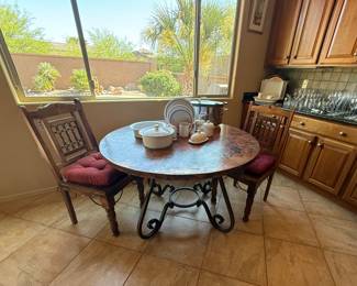 46” Hammered copper table with 2 mesquite chairs