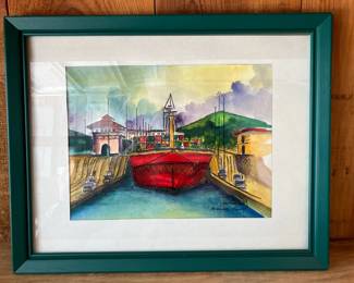 Original, signed, water-color of the Panama Canal Locks.