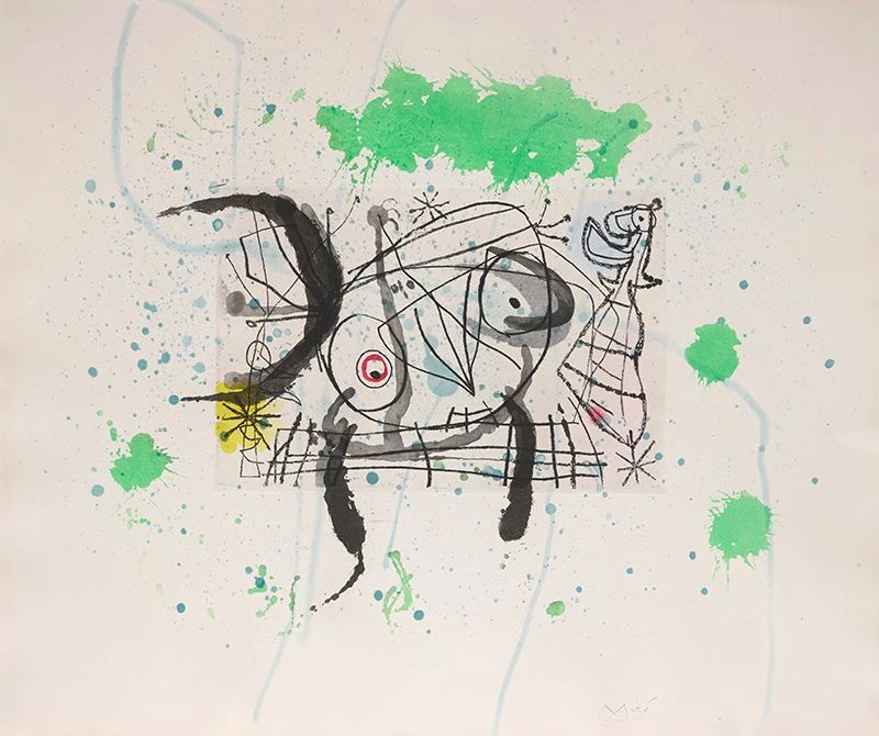 Joan Miró
1893-1983
One plate from "Fissures," 1969
Aquatint in colors on BFK Rives paper
From the edition of unknown size (aside from the numbered edition of 75 and 20 hors commerce in Roman numerals)
Signed in pencil lower right: Miró; Maeght Éditeur, Paris, pub.
Sheet: 19.25" H x 23" W
Estimate: $2,000 - $3,000