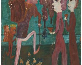 111
Jon Serl
1894-1993
Figures and animals, circa 1960s
Oil on pressboard
Signed lower right: Jon; inscribed "N17" in another hand on the verso
40.5" H x 21" W
Estimate: $1,500 - $2,500