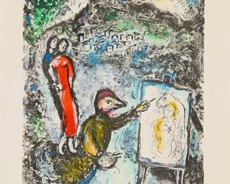 10
Marc Chagall
1887-1985
"Devant St. Jeannet (Near St. Jeannet)," 1972
Lithograph in colors on Arches paper
Edition: 20/50 (there were also some artist's proofs)
Signed and numbered in pencil in the lower margin: Marc Chagall; Andre Seurat, pub.
Image: 12.25" H x 9.625" W; Sheet: 20.5" H x 15.875" W
Estimate: $2,000 - $3,000