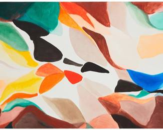 99
Alice Baber
1928-1982
"The Jaguar Drum Leaps to Daylight," 1978
Oil on canvas
Signed and dated upper left: © Baber 78; signed again, titled, dated, all twice, and numbered "#151," all on the upper and lower canvas overlaps, verso
36" H x 72" W
Estimate: $60,000 - $80,000