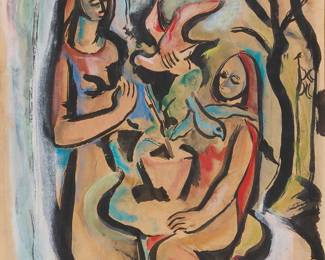 78
Polia Pillin
1909-1992
Two women with birds
Gouache and watercolor on paper laid to board
Signed lower right: Polia Pillin
Sheet: 16.75" H x 11.375" W (irreg.)
Estimate: $1,000 - $2,000