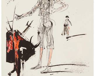 13
Salvador Dalí
1904-1989
"Bullfight #4," from "Tauromachie de Dalí," 1965
Lithograph in colors on BFK Rives paper
Edition: 55/300
Signed and numbered in pencil in the lower margin: Dalí; Sydney Z. Lucas, Paris, pub., and with their copyright ink stamp in the lower margin, at left
Sheet: 30" H x 22" W
Estimate: $1,000 - $1,500