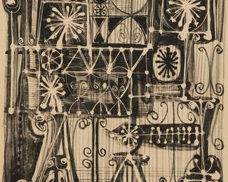 7
Hayward King
1928-1990
"Notre Dame de Paris," 1956
Lithograph on light beige paper
Edition: 10/15
Signed, titled, dated, and numbered in pencil in the lower margin: Hayward King '56; inscribed in pencil in the upper margin, at left, "For Janis and John"
Image: 19" H x 16.5" W; Sight: 20" H x 17" W
Estimate: $500 - $700