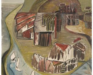 113
Jon Serl
1894-1993
"Marina," 1961
Oil on plywood panel
Signed and dated lower left: Jon 61; titled and dated "61" (twice) on the verso, inscribed "N11" in another hand on the verso
40" H x 20.5" W
Estimate: $1,500 - $2,500