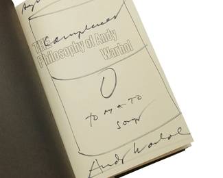30
Andy Warhol
1928-1987
"The Philosophy of Andy Warhol (From A to B and Back Again)," 1975
Hardcover book
Warhol, Andy. "The Philosophy of Andy Warhol (From A to B and Back Again)." New York and London: Harcourt Brace Jovanovich, 1975
Signed and inscribed with tomato soup can drawing by the artist: Sylvia and Mae / [soup can] / Campbells / Tomato / Soup / Andy Warhol
First Edition, Fifth Printing
8.625" H x 5.875" W x 1.125" D
Estimate: $1,500 - $2,500