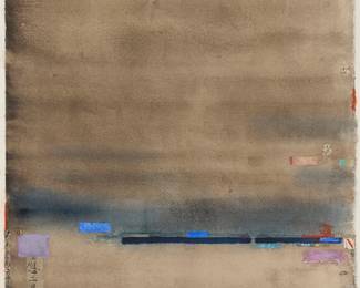 167
William Dole
1917-1983
"Landfall," 1980
Watercolor, ink, gold leaf, and collage on thick wove paper
Signed and dated in ink lower right: W. Dole 1980; titled in pencil, verso
Image: 20" H x 15.625" W (approx.); Sheet: 22" H x 17" W
Estimate: $1,000 - $1,500