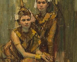 54
Nhek Dim
1934-1978
Portrait of Cambodian women, 1964
Oil on canvas
Signed and dated lower right: Nhek Dim / 1964; signed and dated again, and inscribed with the artist's address, all verso
24" H x 18" W
Estimate: $2,000 - $3,000