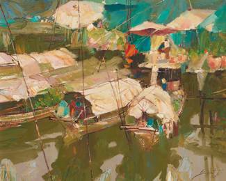 53
Sujarit Hirankul
1946-1982
"Siam," 1979
Oil on canvas
Signed and dated lower right: Sujarit 1979; signed and dated again, titled, and inscribed in Thai, all verso
24" H x 28" W
Estimate: $1,000 - $1,500
