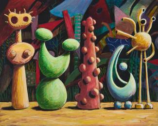 129
Michael Bedard
b. 1949
"Unusual Suspects"
Acrylic on board laid to cardboard
Signed lower right: Bedard; titled and inscribed "#2" in pencil, possibly in the artist's hand, on the frame's backing paper
11" H x 14" W
Estimate: $500 - $700