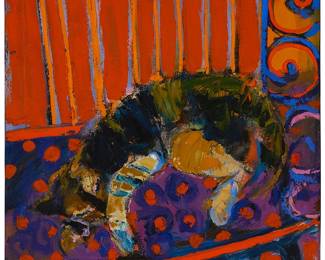 125
Henrietta Berk
1919-1990
"Yenta #2"
Oil on canvas
Signed lower right: H Berk; titled on a label affixed to the frame's backing board
20" H x 20" W
Estimate: $5,000 - $7,000