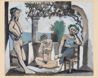 11
After Pablo Picasso
1881-1973
"Bacchanale," circa 1959-63
Aquatint in colors on BFK Rives paper
Edition: 123/300
Signed and numbered in pencil in the lower margin: Picasso; Atelier Crommelynck, Paris, pub. and with their blindstamp in the lower left margin corner
Plate: 18.75" H x 22.25" W; Sheet: 22.125" H x 30.125" W
Estimate: $10,000 - $15,000