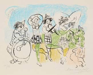 16
Marc Chagall
1887-1985
"Les Petits Arlequins (The Little Harlequins)," 1962
Lithograph in colors on Arches paper
Edition: 15/50
Signed and numbered in pencil in the lower margin: Marc Chagall
Image: 9.5" H x 13.5" W; Sheet: 14" H x 18" W
Estimate: $2,000 - $3,000