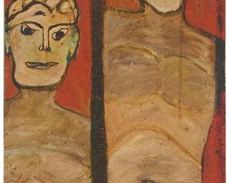 112
Jon Serl
1894-1993
"Brothers Picture," circa 1960s
Oil on repurposed Masonite
Signed lower right: Jon; titled (twice) and inscribed "N14" in another hand on the verso
40.25" H x 21.5" W
Estimate: $1,500 - $2,500