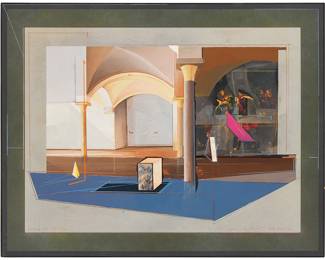 144
Andrea Vizzini
b. 1949
"Installazione No. 83," 1992
Mixed media on panel
Signed and indistinctly inscribed lower right: Andrea Vizzini, inscribed indistinctly lower left; signed again (twice), titled, dated in Italian, and inscribed, all verso: "Venice 30 Ottobre 1992 / For James / And / Jocelyn"
24" H x 32" W
Estimate: $500 - $700