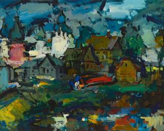 93
Sergei Bongart
1918-1985
Abstract townscape
Oil on Masonite
Signed upper right: Sergei Bongart; variously numbered in black or red marker, ballpoint ink, or stick-on label, verso of the work or of the frame: "N1" / "90." / "SRB-105" / "14"
35.5" H x 48" W
Estimate: $1,000 - $1,500