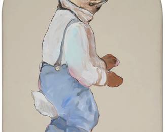 131
Ira Yeager
1938-2022
Rabbit wearing overalls
Oil and acrylic on canvas
Signed lower left: Ira Yeager
78" H x 48.5" W
Estimate: $3,000 - $5,000
